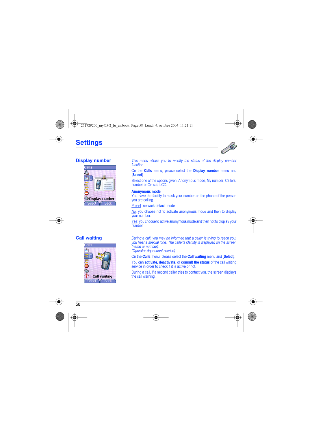 Sagem myC5-2 manual Display number, Call waiting, Anonymous mode 