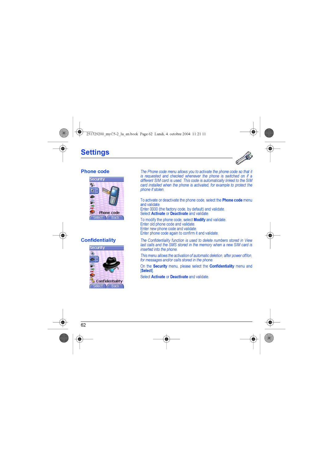 Sagem myC5-2 manual Phone code, Confidentiality 