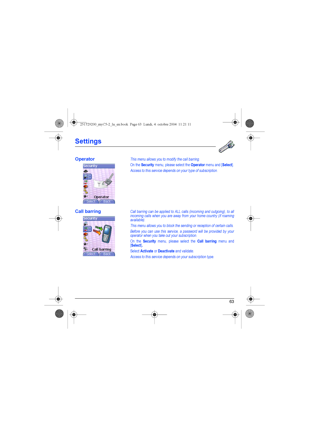 Sagem myC5-2 manual Operator, Call barring, This menu allows you to modify the call barring, Available 