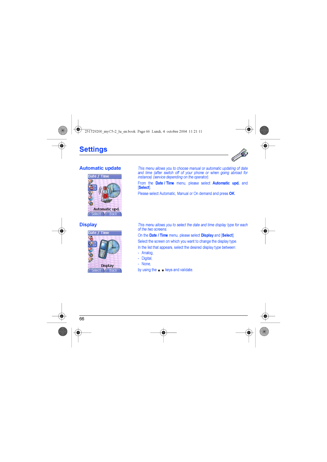 Sagem myC5-2 manual Automatic update, Display, Instance service depending on the operator, Two screens 