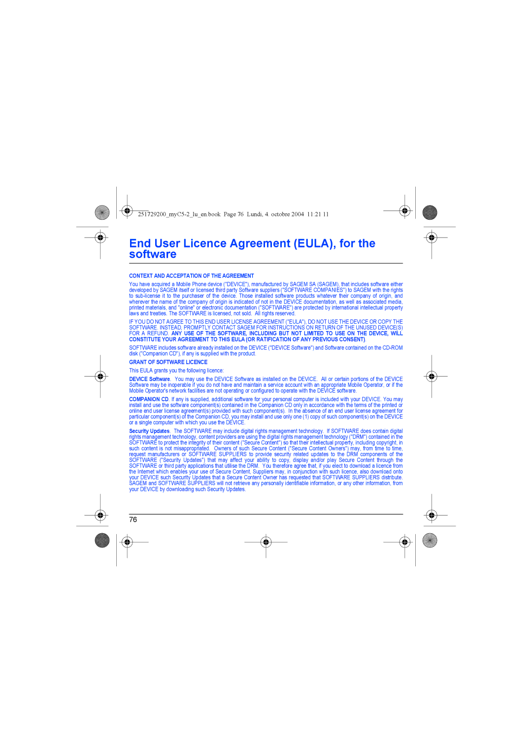 Sagem myC5-2 manual End User Licence Agreement EULA, for the software, Context and Acceptation of the Agreement 