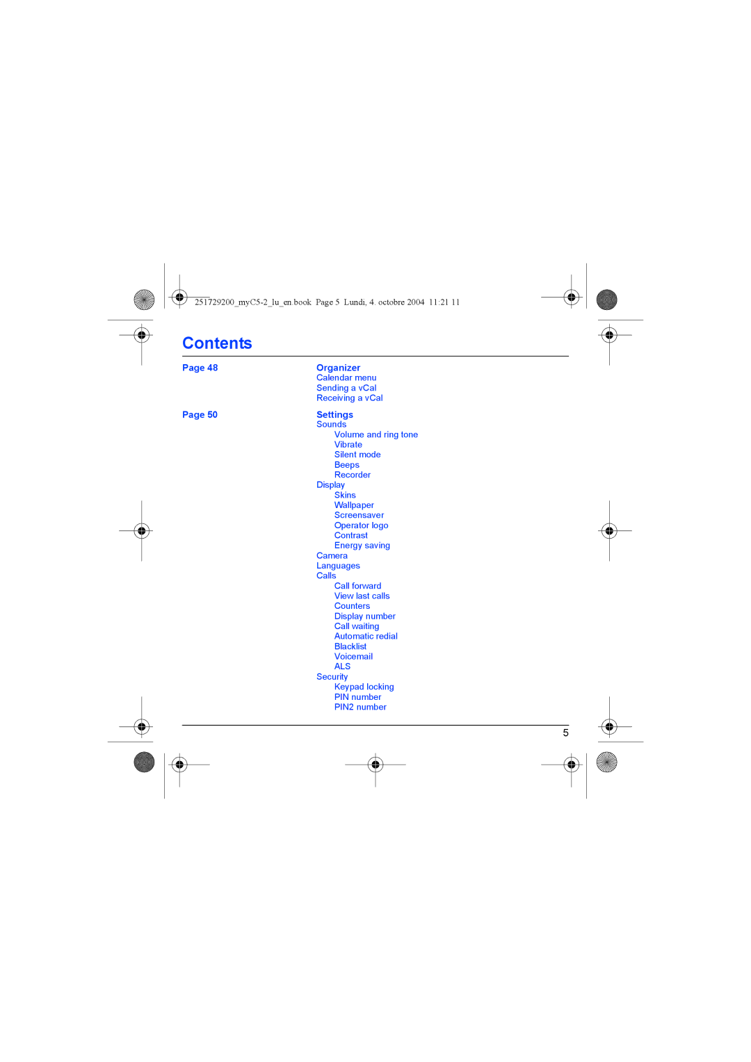 Sagem myC5-2 manual Organizer, Settings 