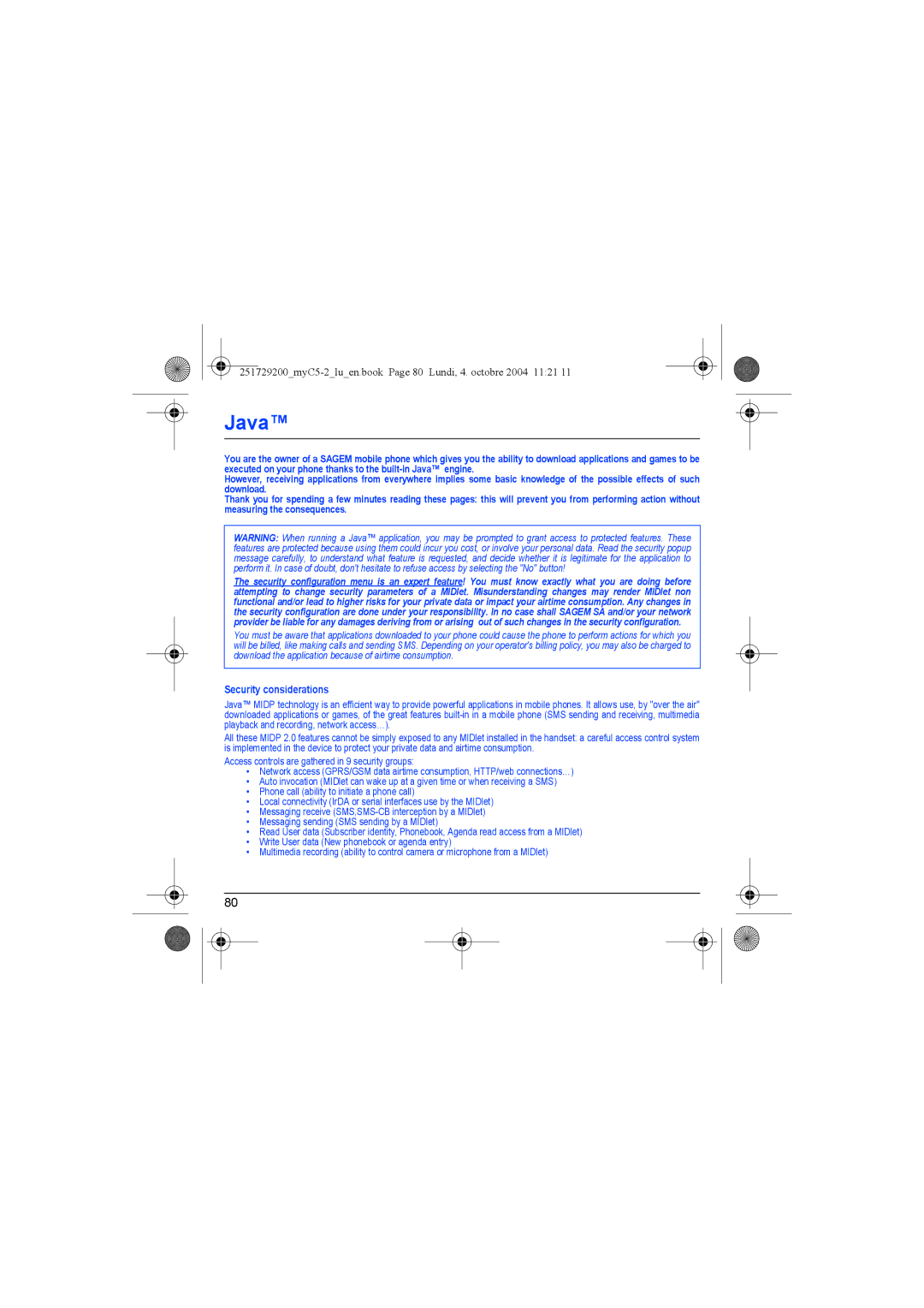 Sagem myC5-2 manual Java, Security considerations 