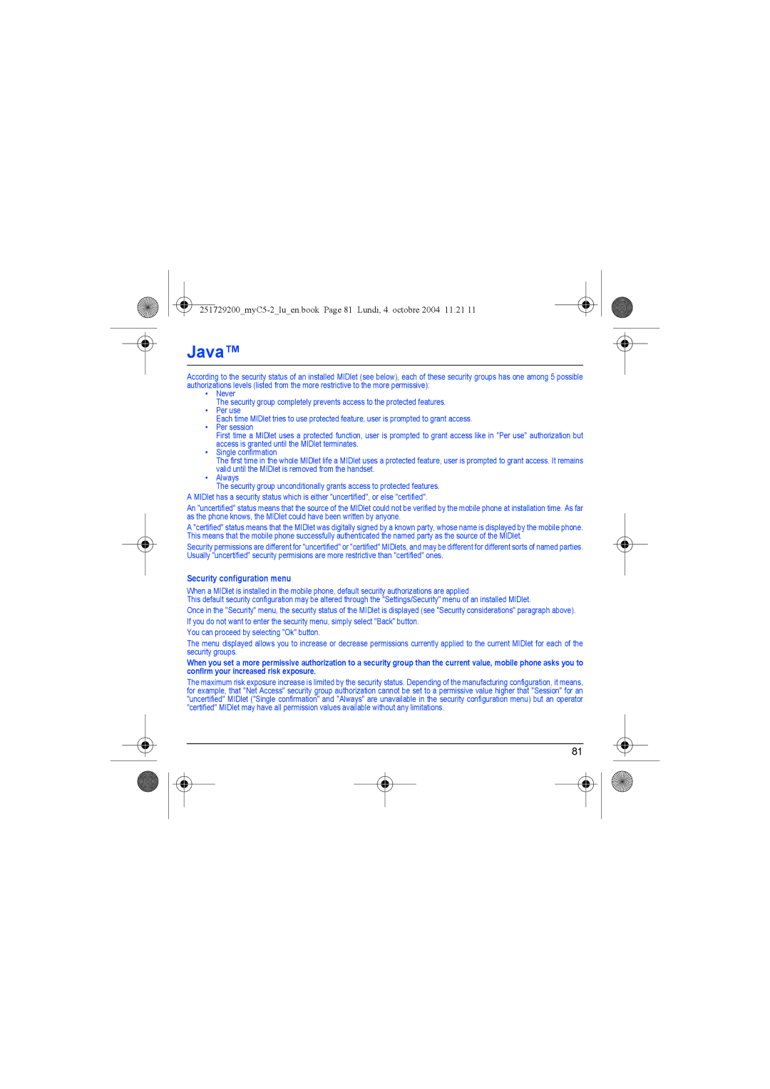 Sagem myC5-2 manual Security configuration menu 