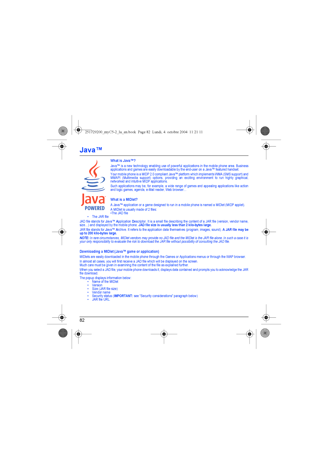 Sagem myC5-2 manual What is Java?, What is a MIDlet?, Downloading a MIDlet Java game or application 