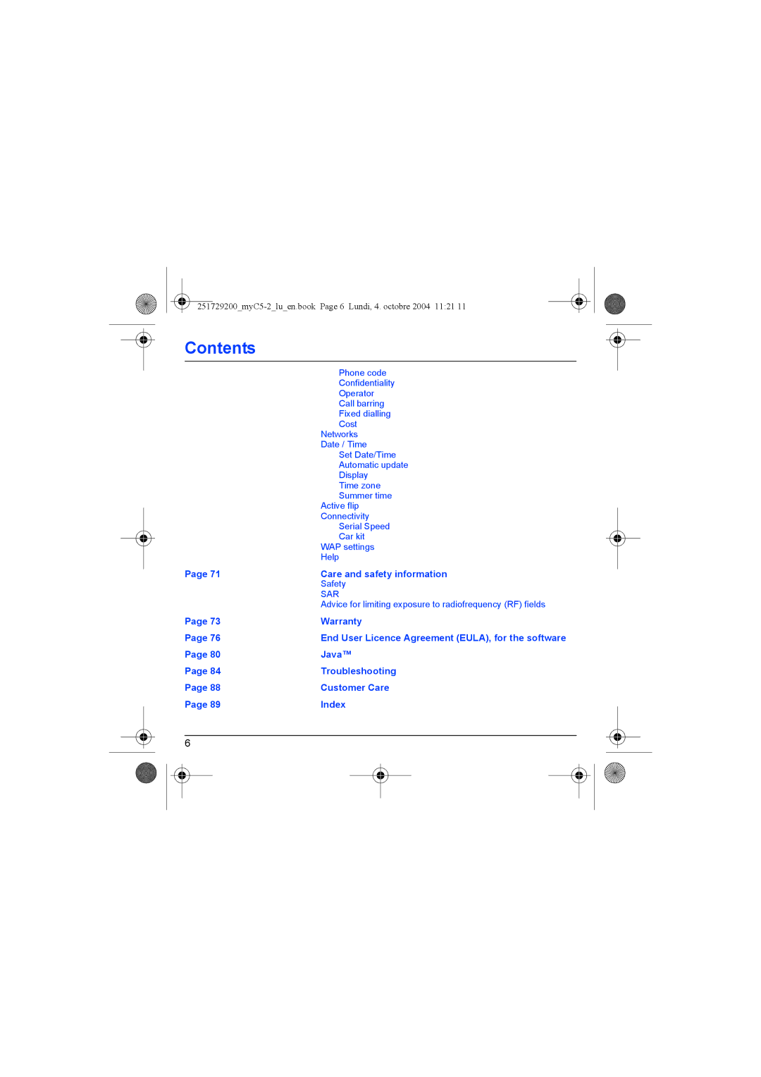 Sagem myC5-2 manual Care and safety information, Warranty, Java, Troubleshooting, Customer Care, Index 