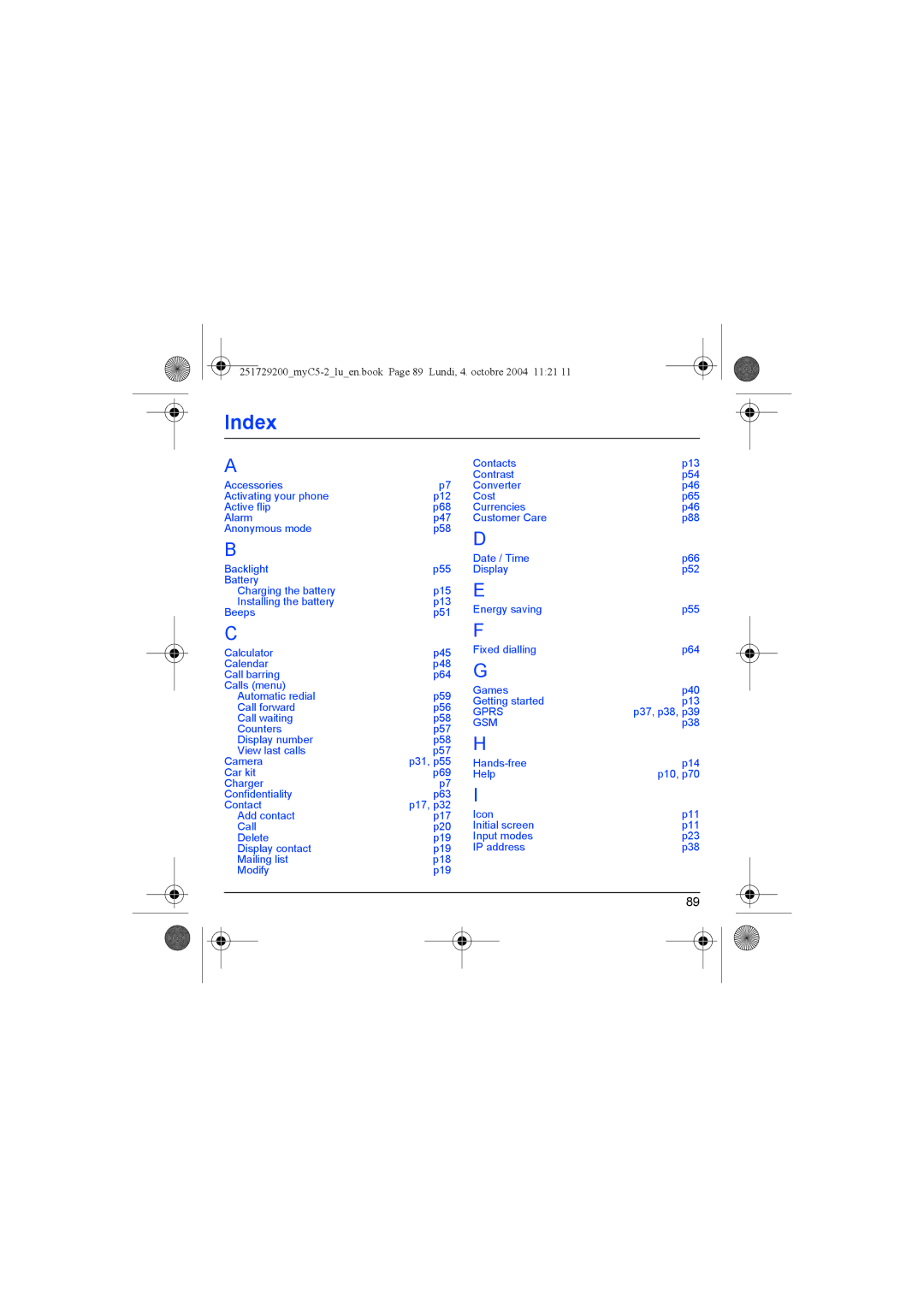 Sagem myC5-2 manual Index, Gsm 