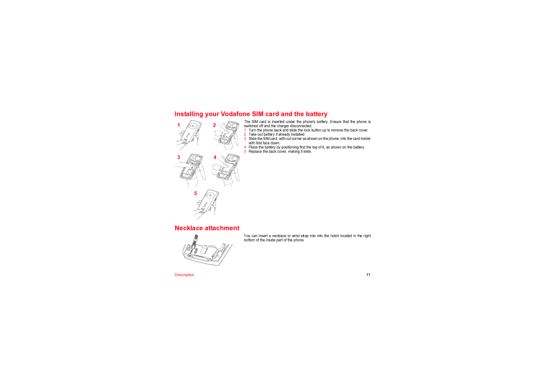 Sagem MYV-76 manual Installing your Vodafone SIM card and the battery, Necklace attachment 