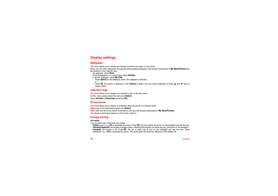 Sagem MYV-76 manual Display settings, Wallpaper, Operator logo, Screensaver, Energy saving 