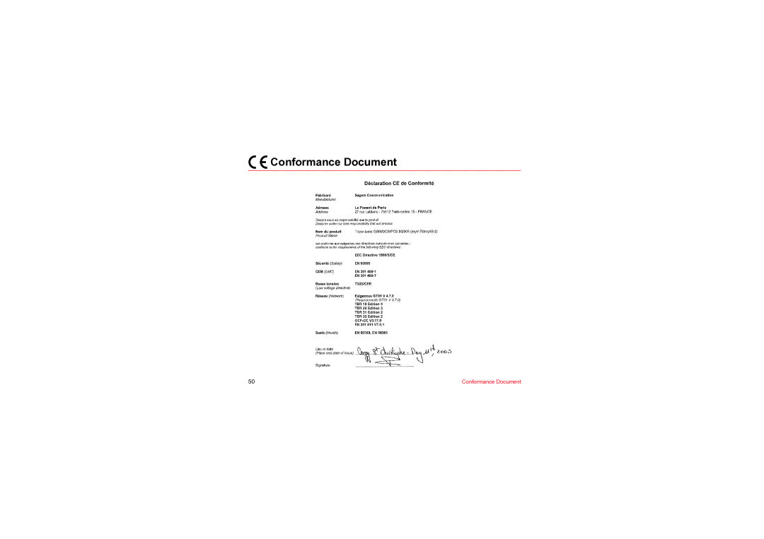 Sagem MYV-76 manual Conformance Document 