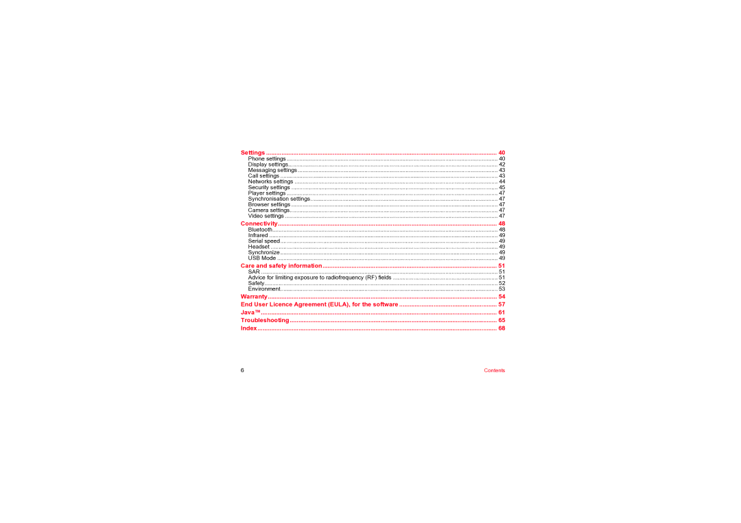 Sagem MYV-76 manual Settings, Connectivity, Care and safety information 