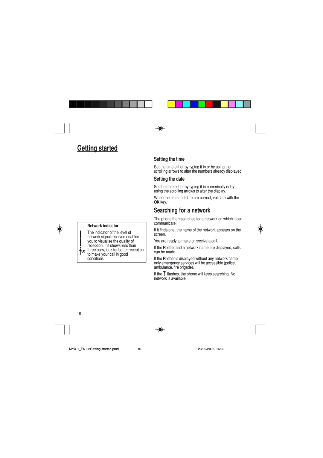 Sagem myX-1 manual Searching for a network, Setting the time, Setting the date, Network indicator 