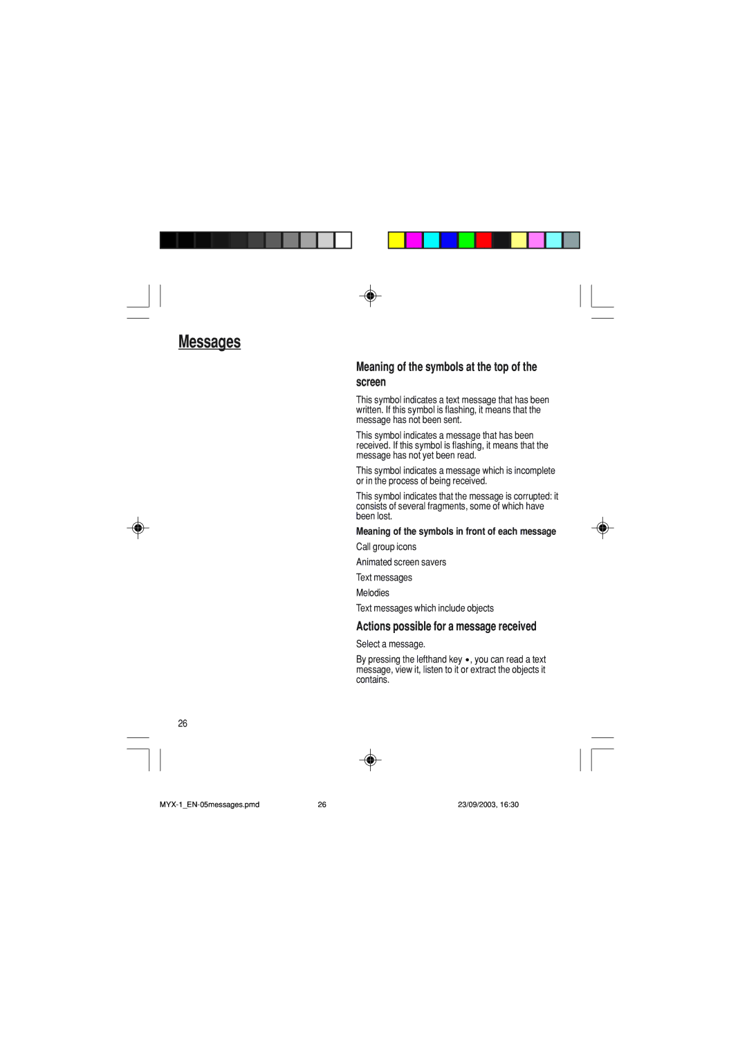 Sagem myX-1 manual Meaning of the symbols at the top of the screen, Actions possible for a message received 