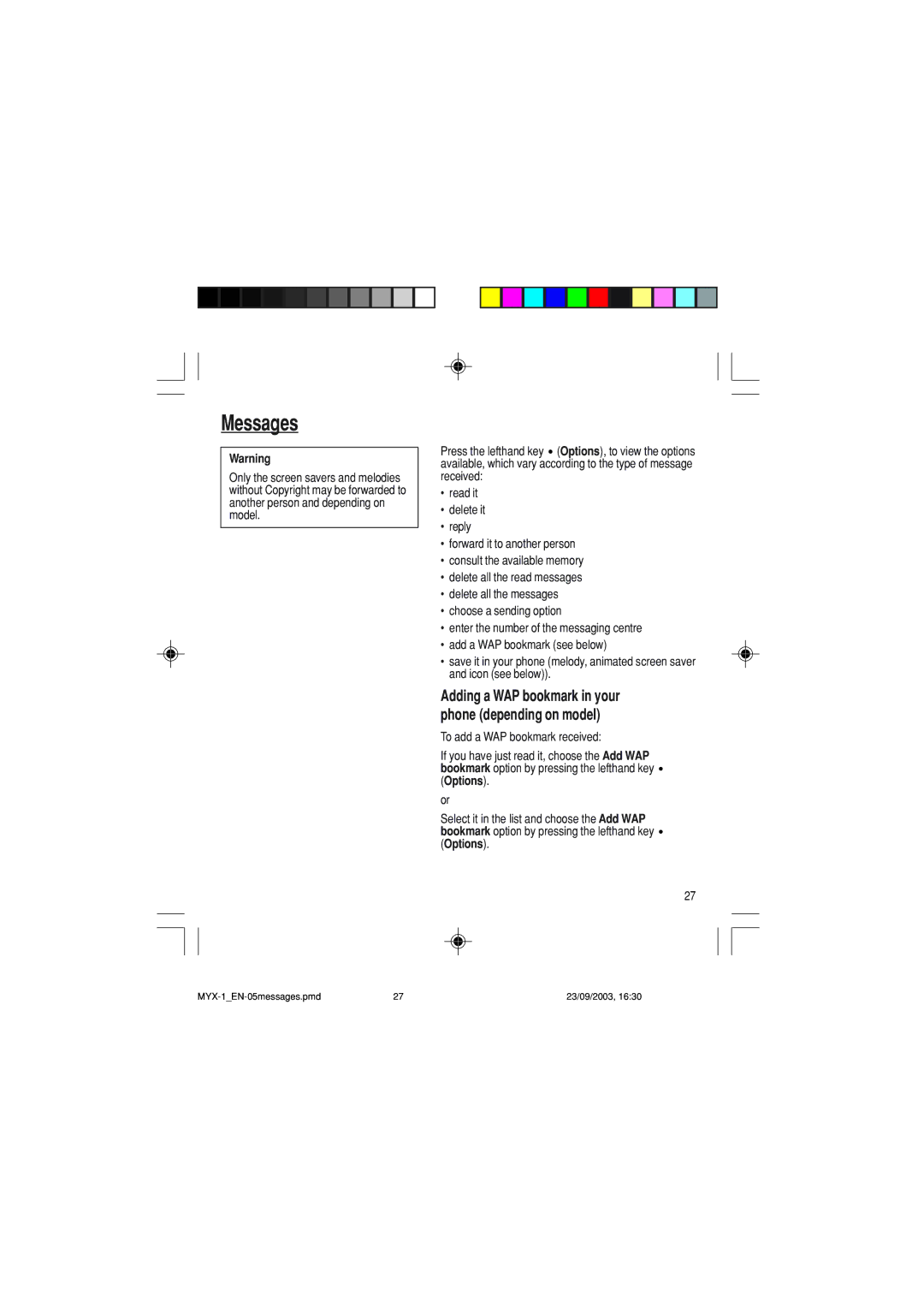 Sagem myX-1 manual To add a WAP bookmark received, Options 