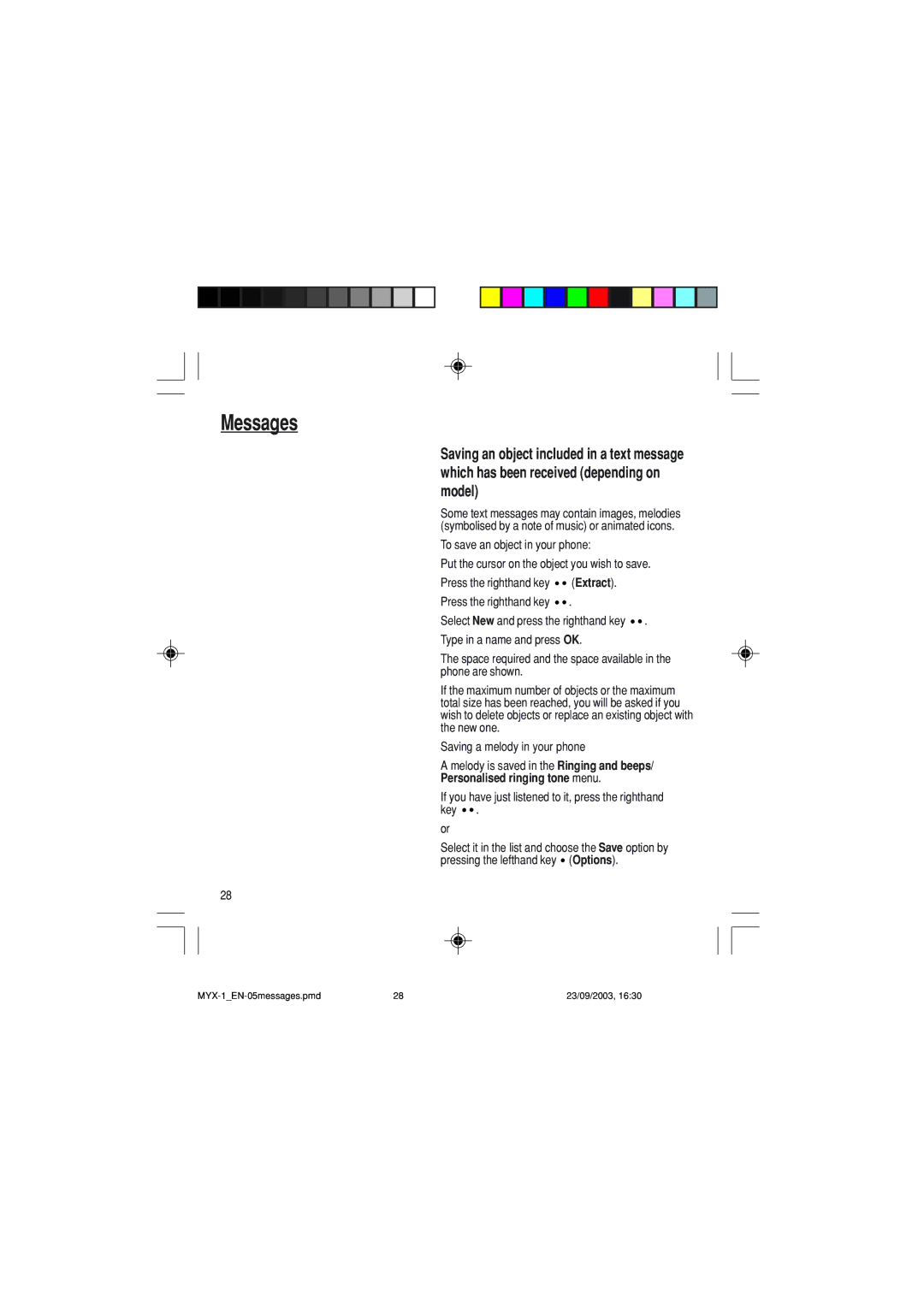 Sagem myX-1 manual Melody is saved in the Ringing and beeps, Personalised ringing tone menu 