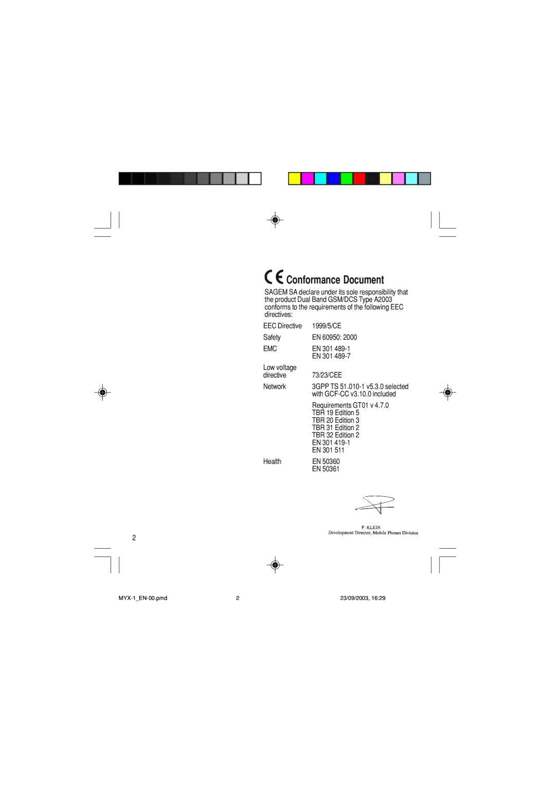 Sagem myX-1 manual Conformance Document 