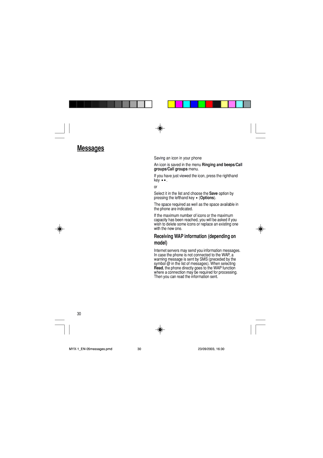 Sagem myX-1 manual Receiving WAP information depending on model, Saving an icon in your phone 