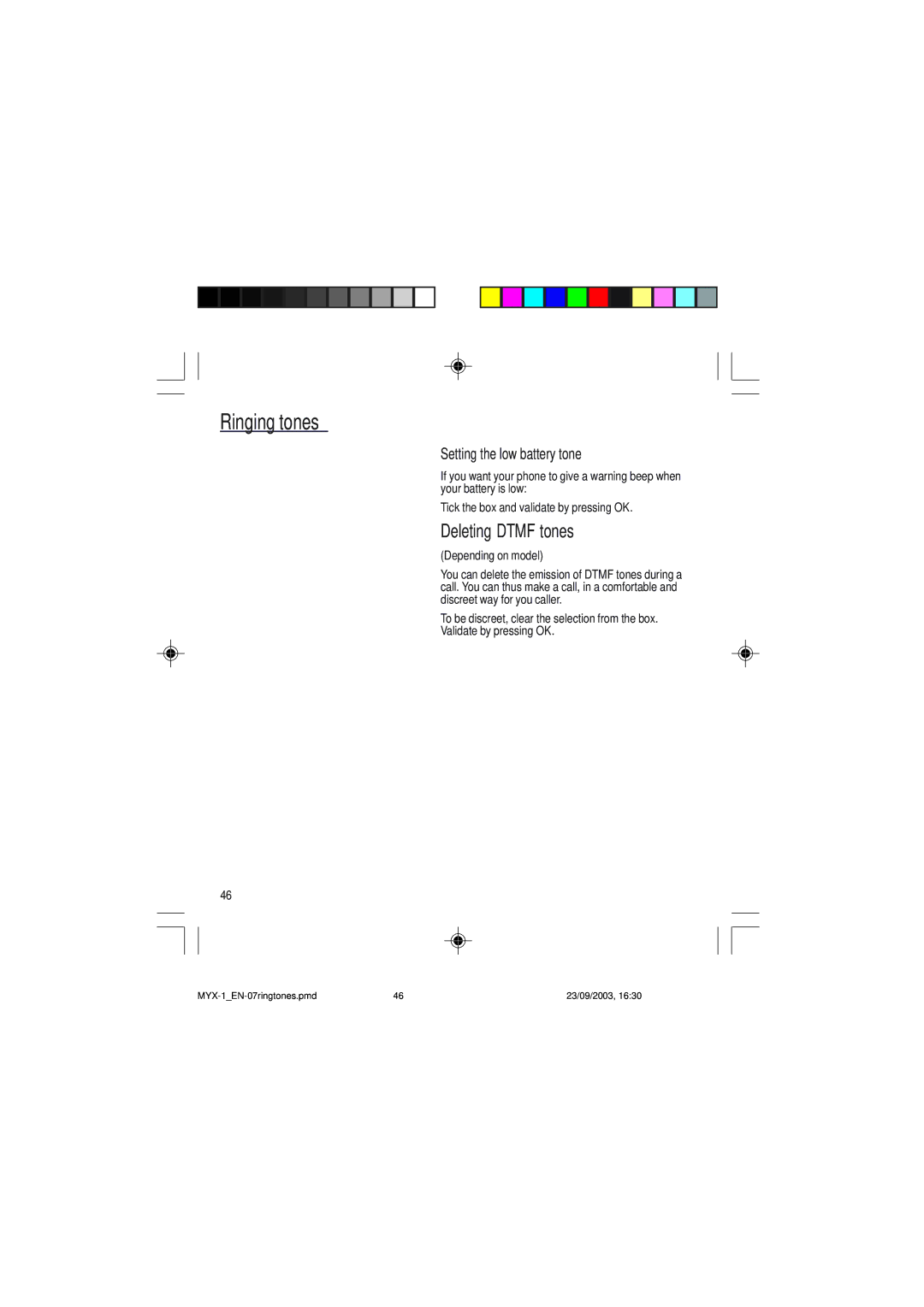 Sagem myX-1 manual Deleting Dtmf tones, Setting the low battery tone 