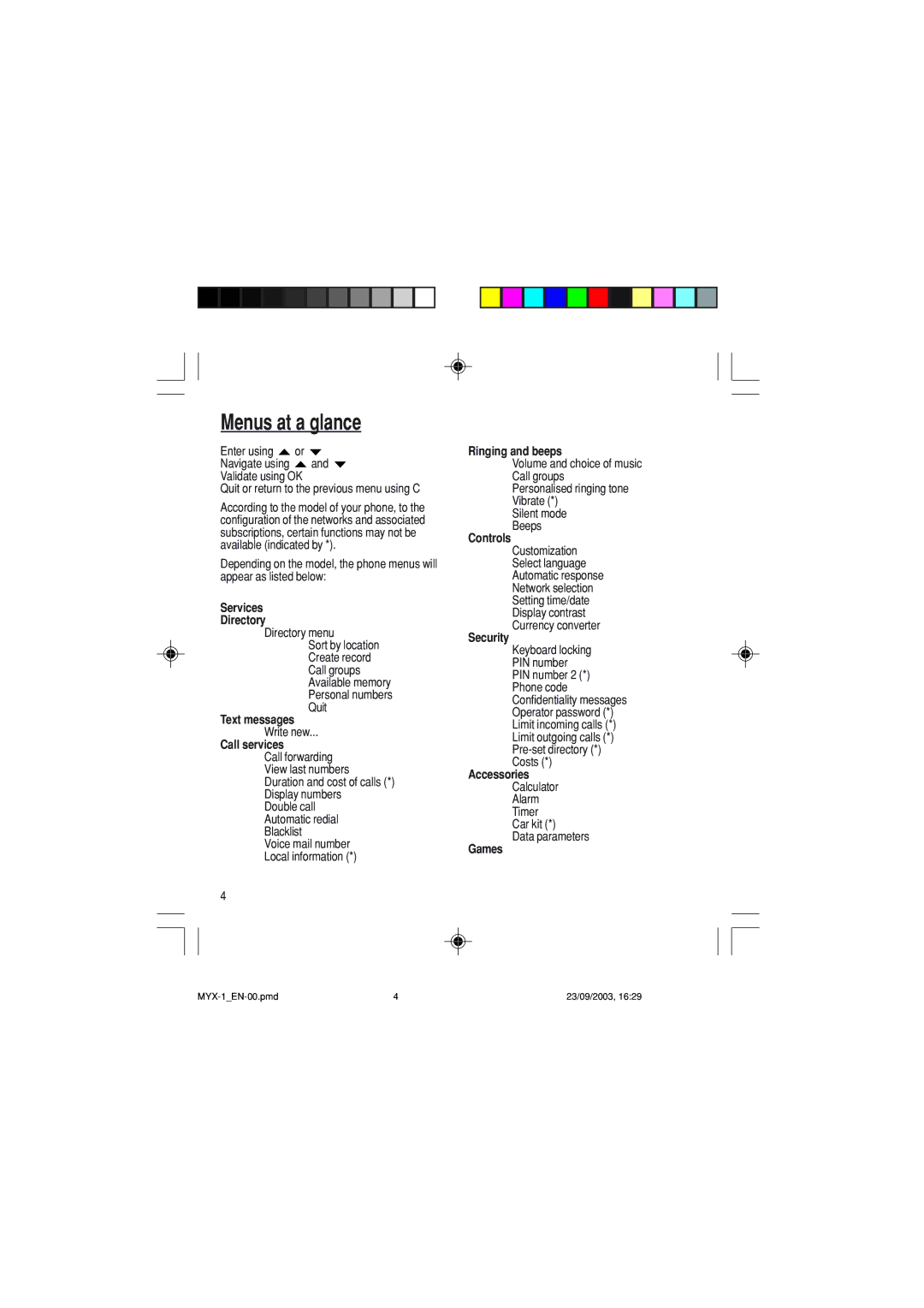 Sagem myX-1 manual Menus at a glance 