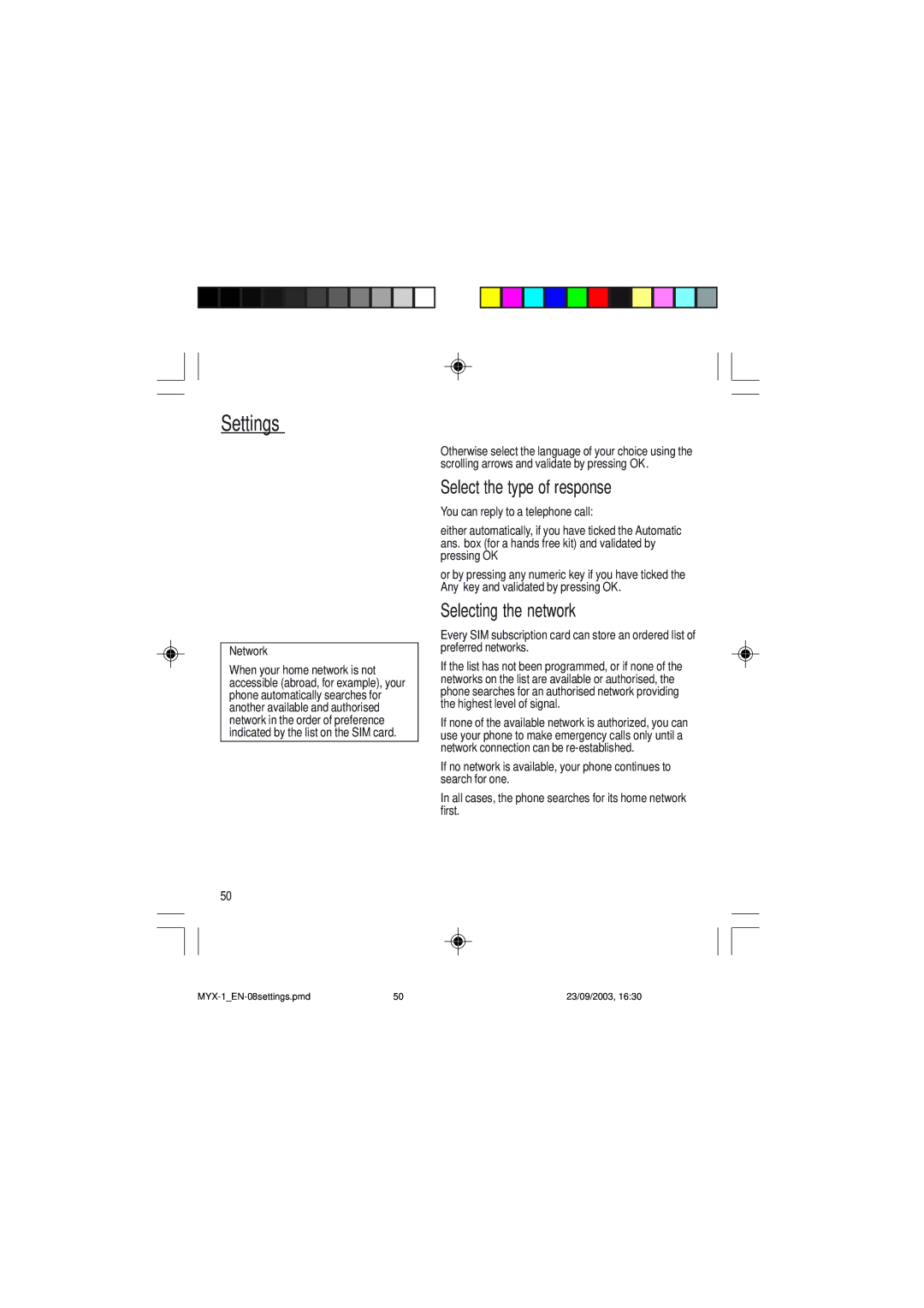 Sagem myX-1 manual Select the type of response, Selecting the network, Network 