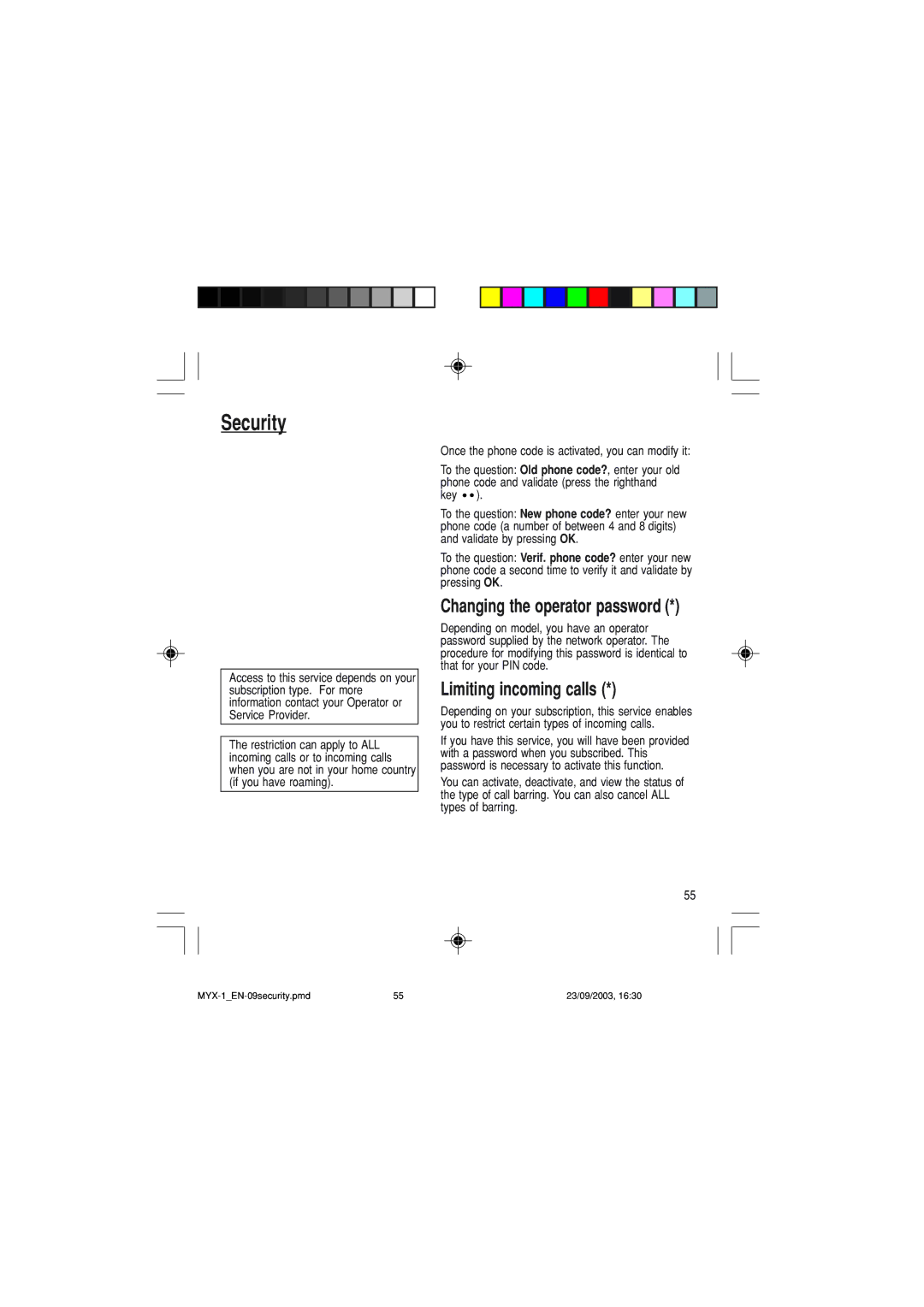 Sagem myX-1 manual Changing the operator password, Limiting incoming calls 