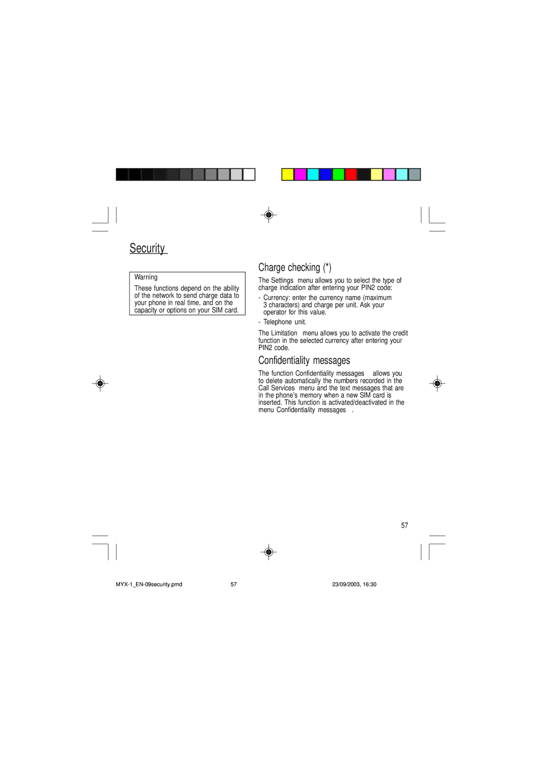 Sagem myX-1 manual Charge checking, Confidentiality messages 