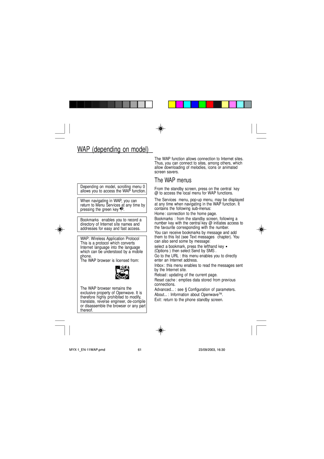 Sagem myX-1 manual WAP depending on model, WAP menus, WAP browser is licensed from, Home connection to the home 