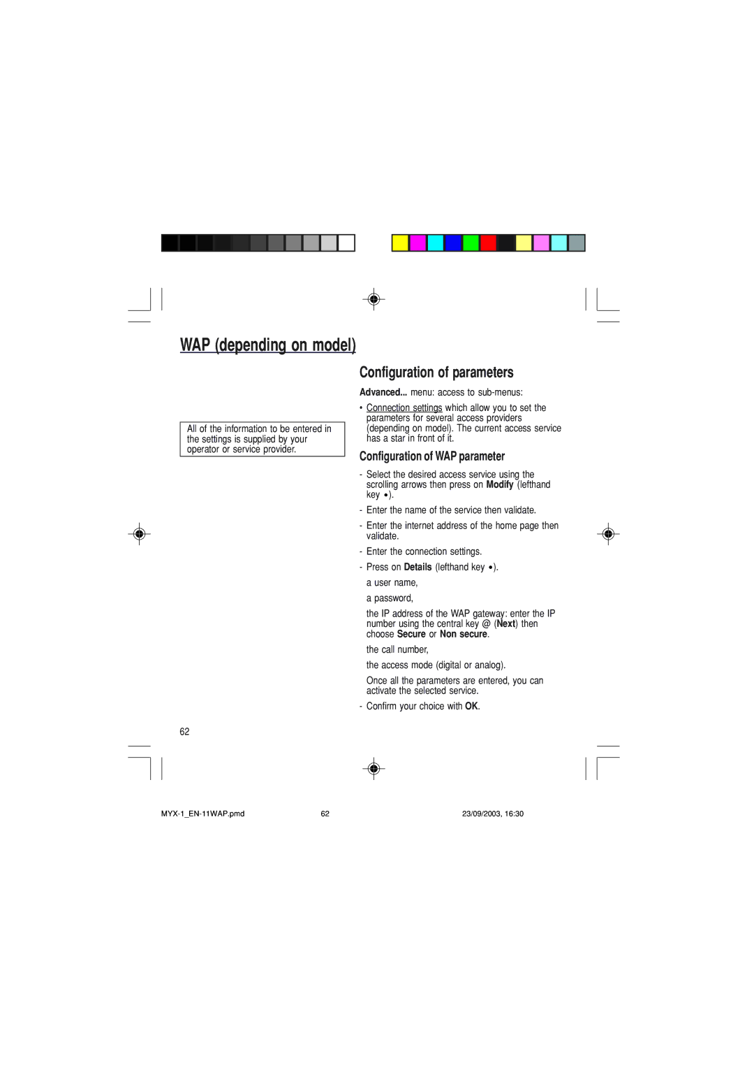 Sagem myX-1 manual Configuration of parameters, Configuration of WAP parameter, Advanced... menu access to sub-menus 