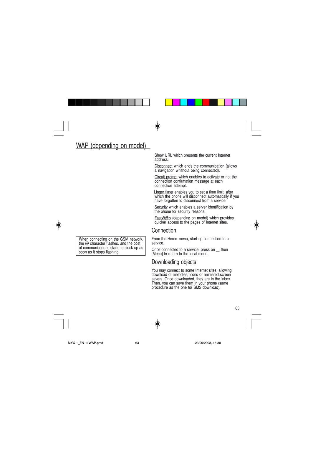 Sagem myX-1 manual Connection, Downloading objects, Show URL which presents the current Internet address 