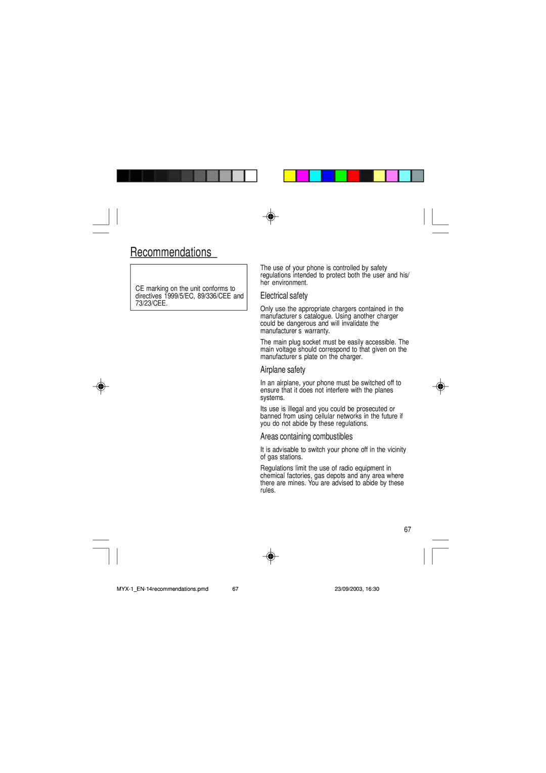 Sagem myX-1 manual Recommendations, Electrical safety, Airplane safety, Areas containing combustibles 