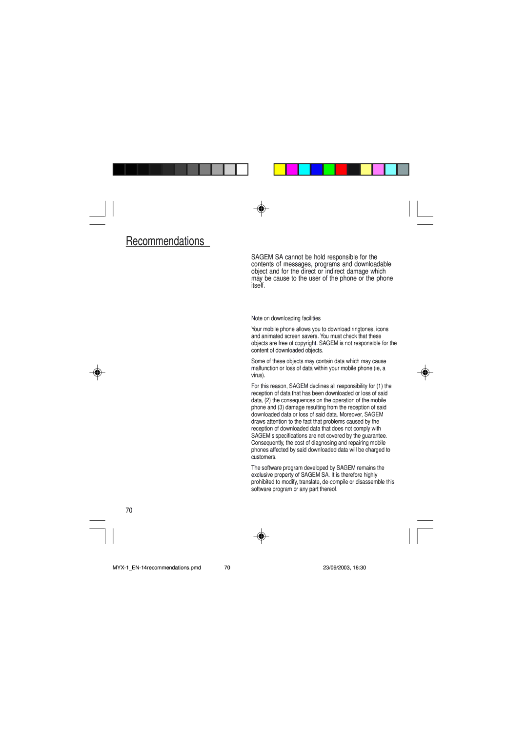 Sagem myX-1 manual Recommendations 