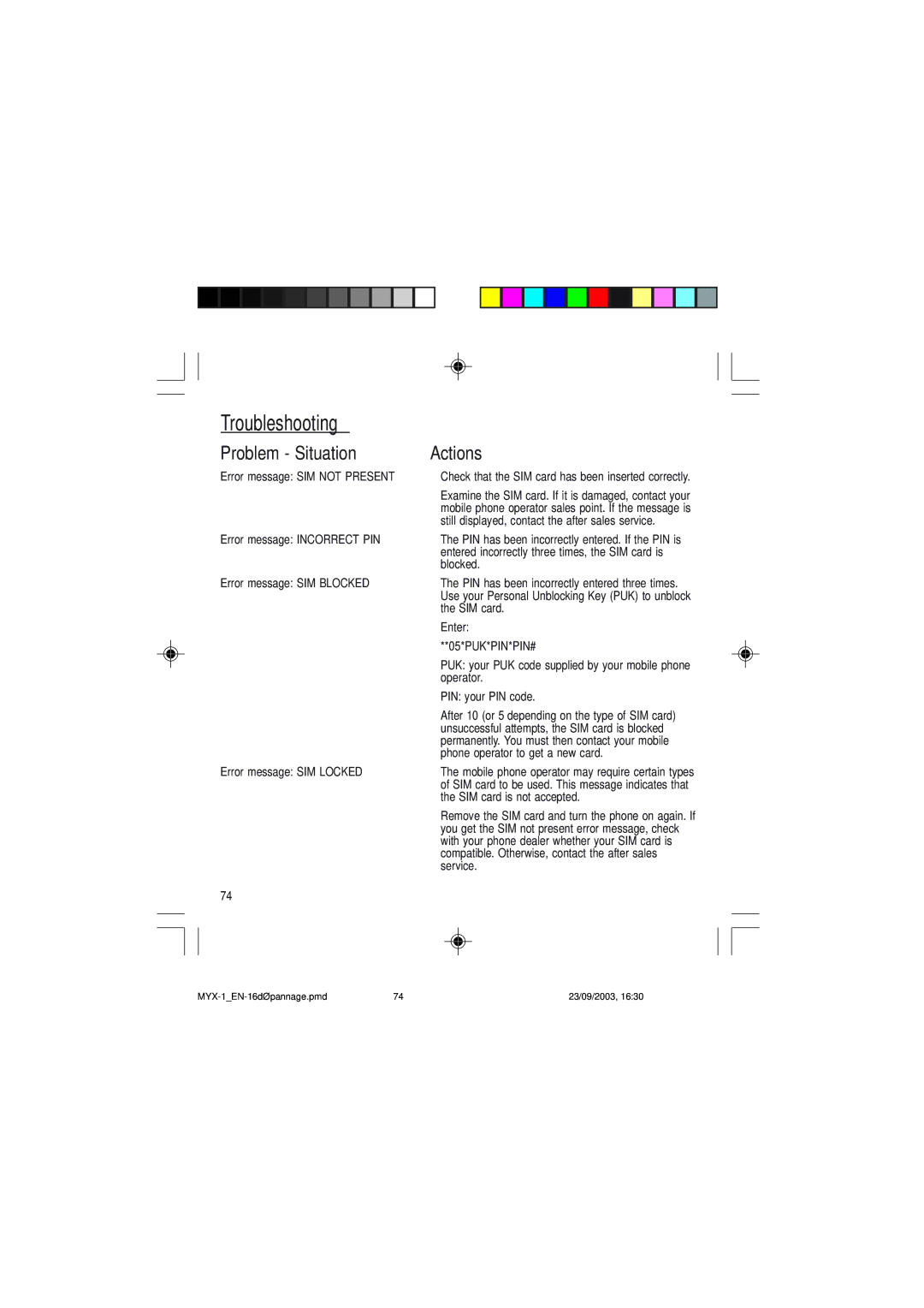 Sagem myX-1 manual Problem Situation Actions, Error message SIM not Present, Error message Incorrect PIN 