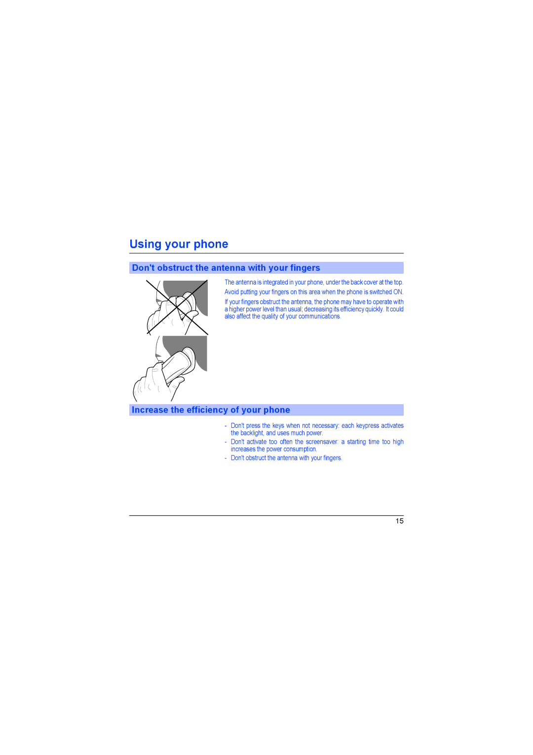 Sagem myX-6 manual Using your phone, Dont obstruct the antenna with your fingers, Increase the efficiency of your phone 