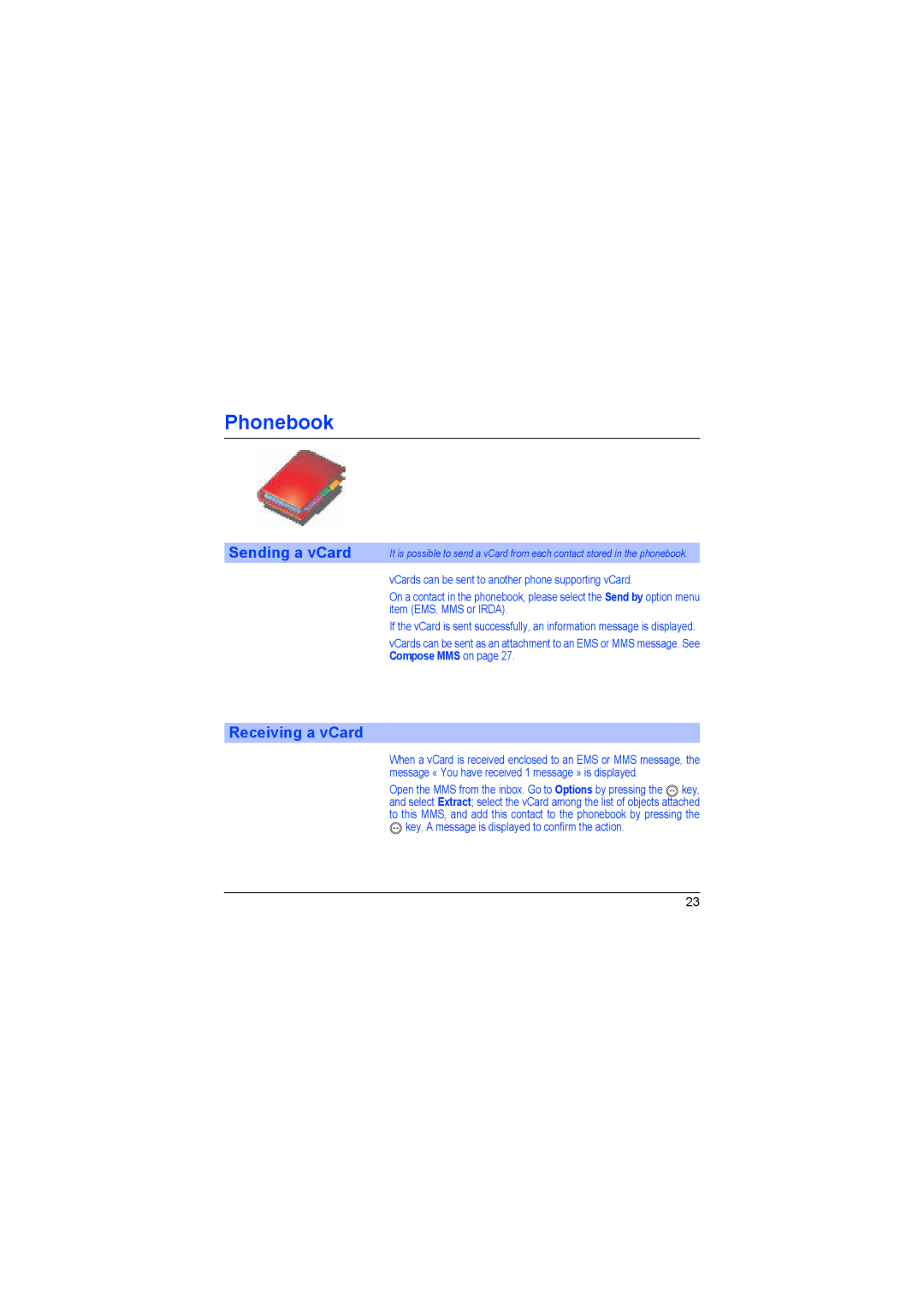 Sagem myX-6 manual Sending a vCard, Receiving a vCard 