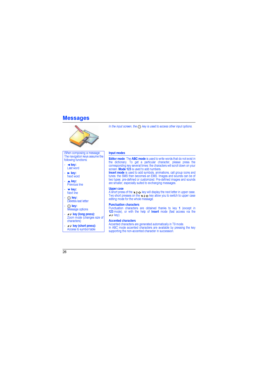 Sagem myX-6 manual Key long press Zoom mode changes size of characters, Input modes, Upper case, Punctuation characters 