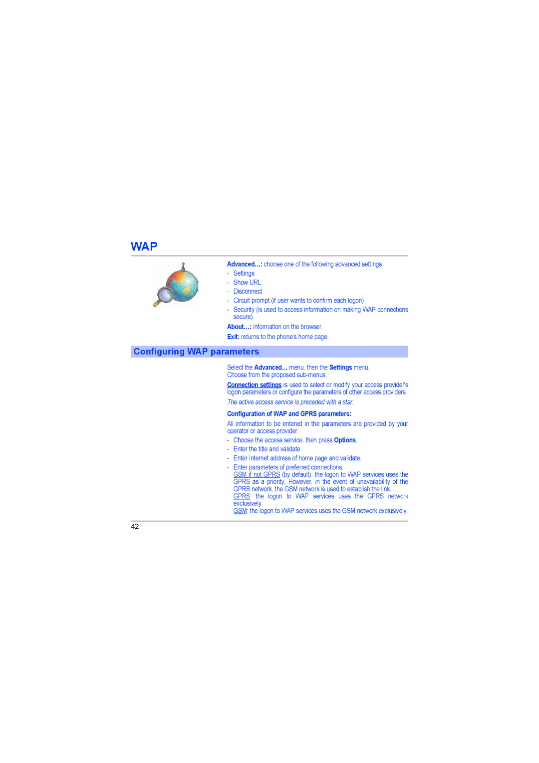 Sagem myX-6 manual Configuring WAP parameters, Active access service is preceded with a star 