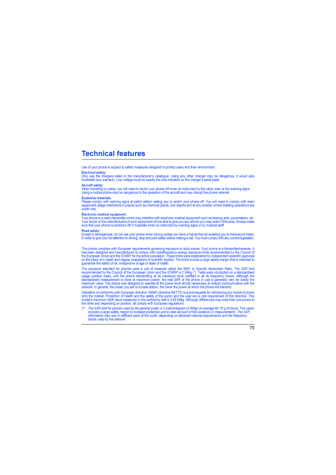 Sagem myX-6 manual Technical features, Electrical safety 