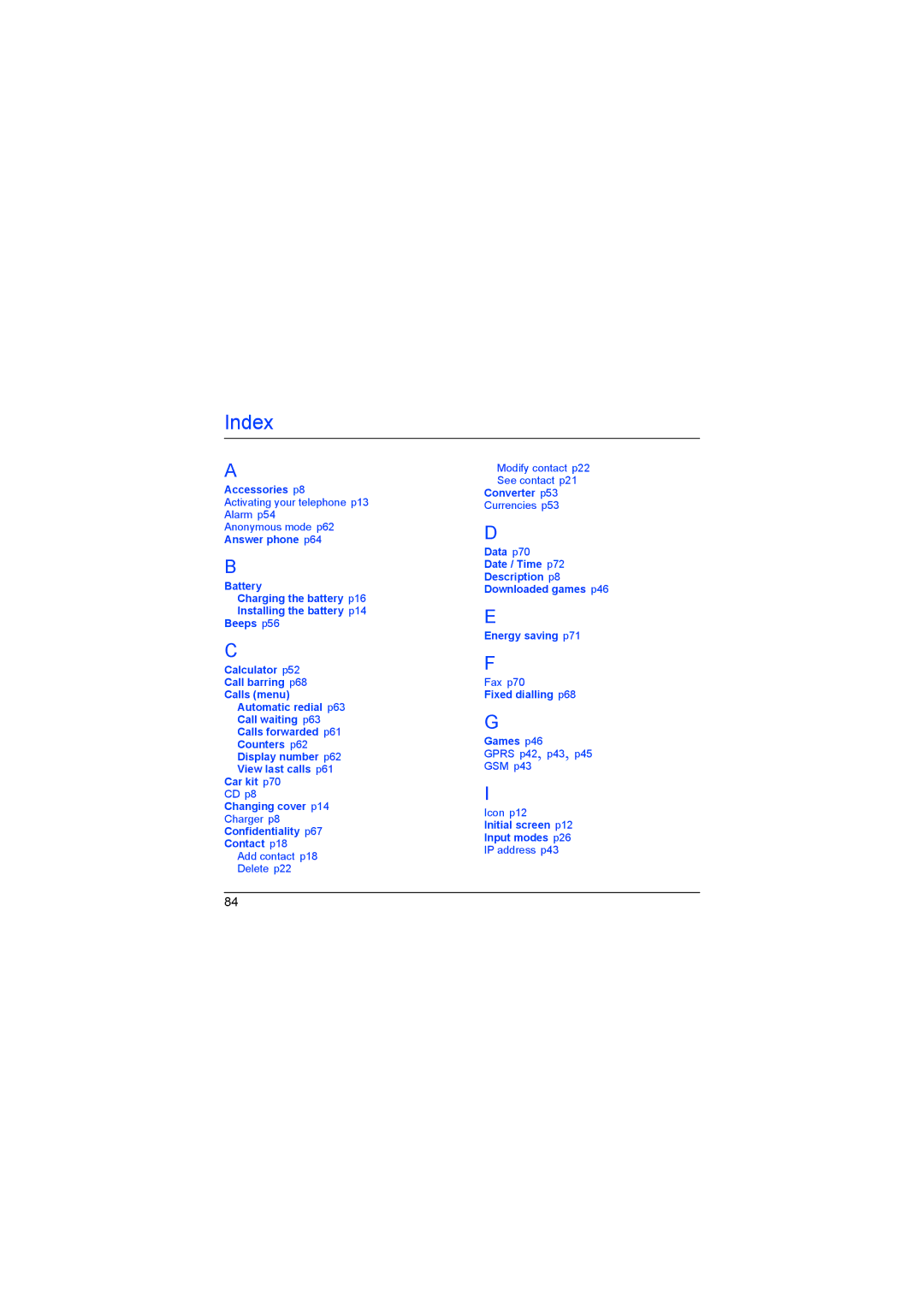 Sagem myX-6 manual Index 