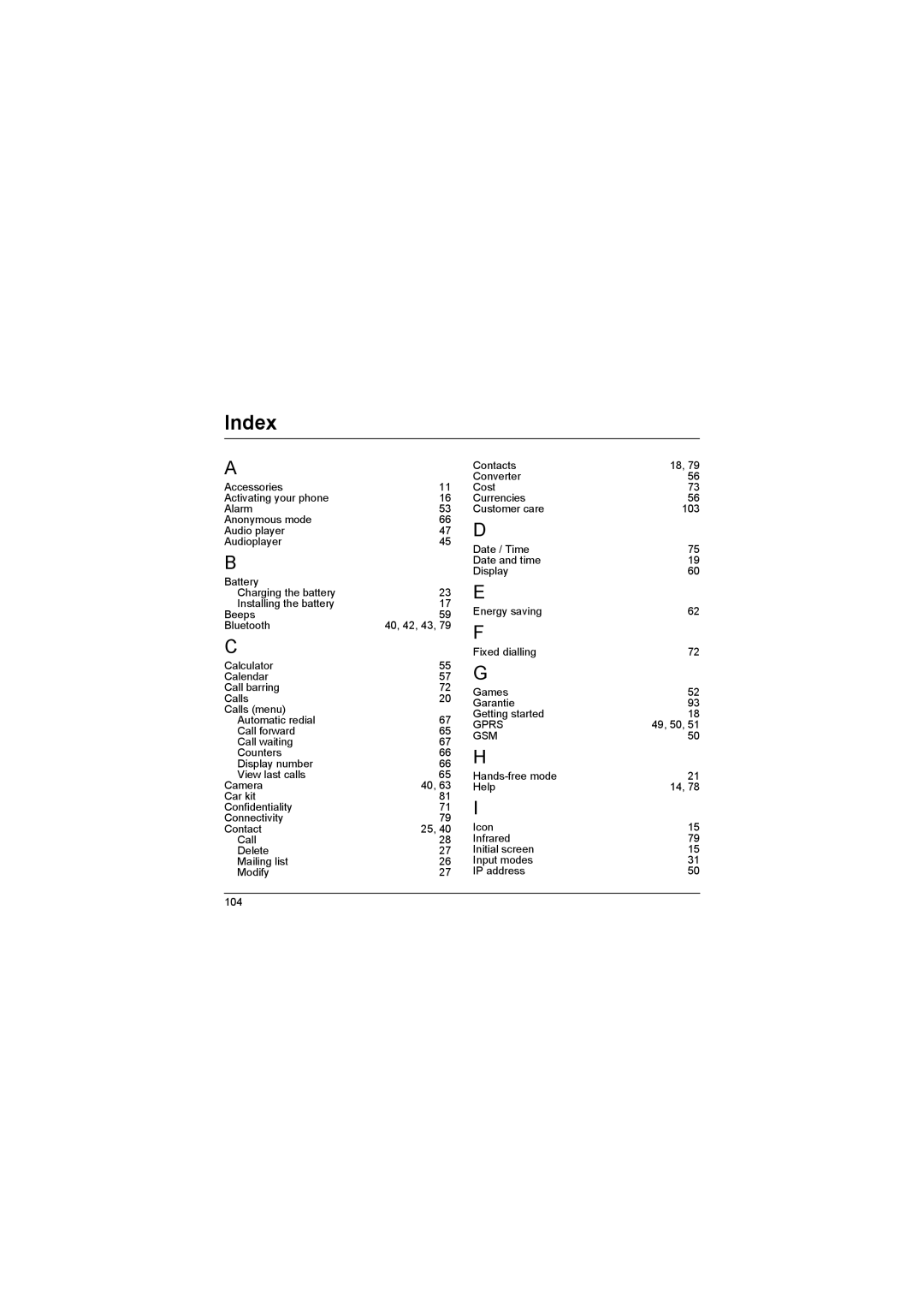 Sagem MyX-8 manual Index 