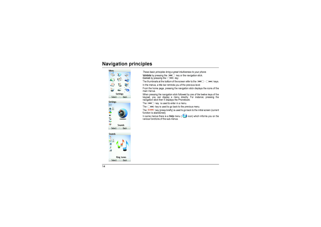 Sagem MyX-8 manual Navigation principles, Cancel by pressing the key 