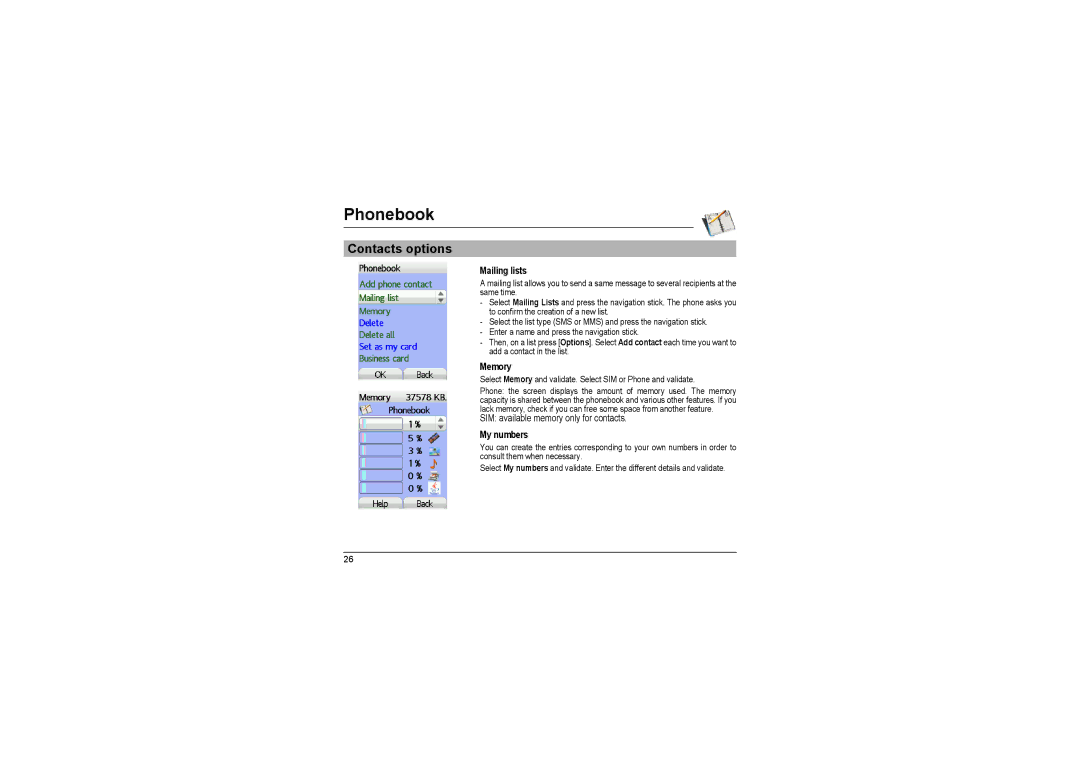 Sagem MyX-8 manual Contacts options, Mailing lists, Memory, My numbers 