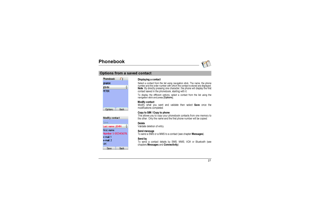 Sagem MyX-8 manual Options from a saved contact 