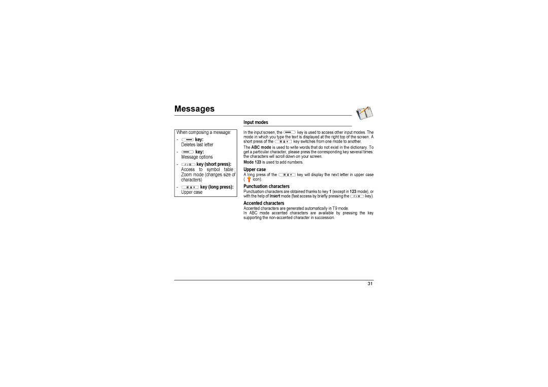 Sagem MyX-8 manual Input modes, Upper case, Punctuation characters, Accented characters, Key Message options 