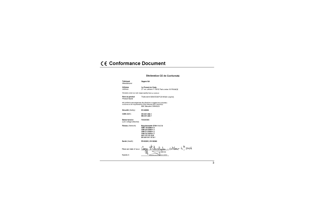 Sagem MyX-8 manual Conformance Document 