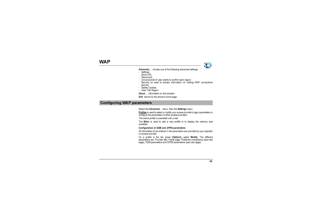 Sagem MyX-8 Configuring WAP parameters, Active profile is preceded with a star, Configuration of GSM and Gprs parameters 