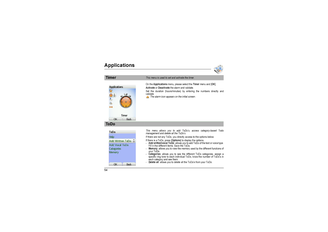 Sagem MyX-8 manual Timer ToDo, This menu is used to set and activate the timer 