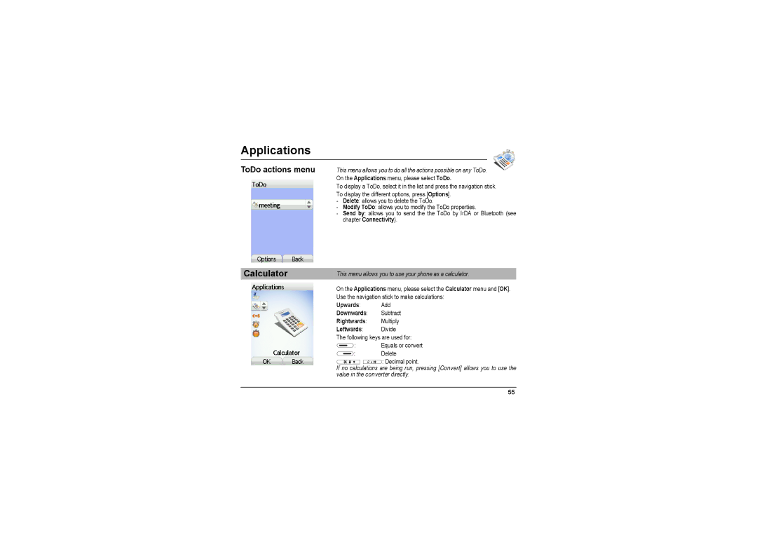 Sagem MyX-8 manual Calculator, ToDo actions menu 