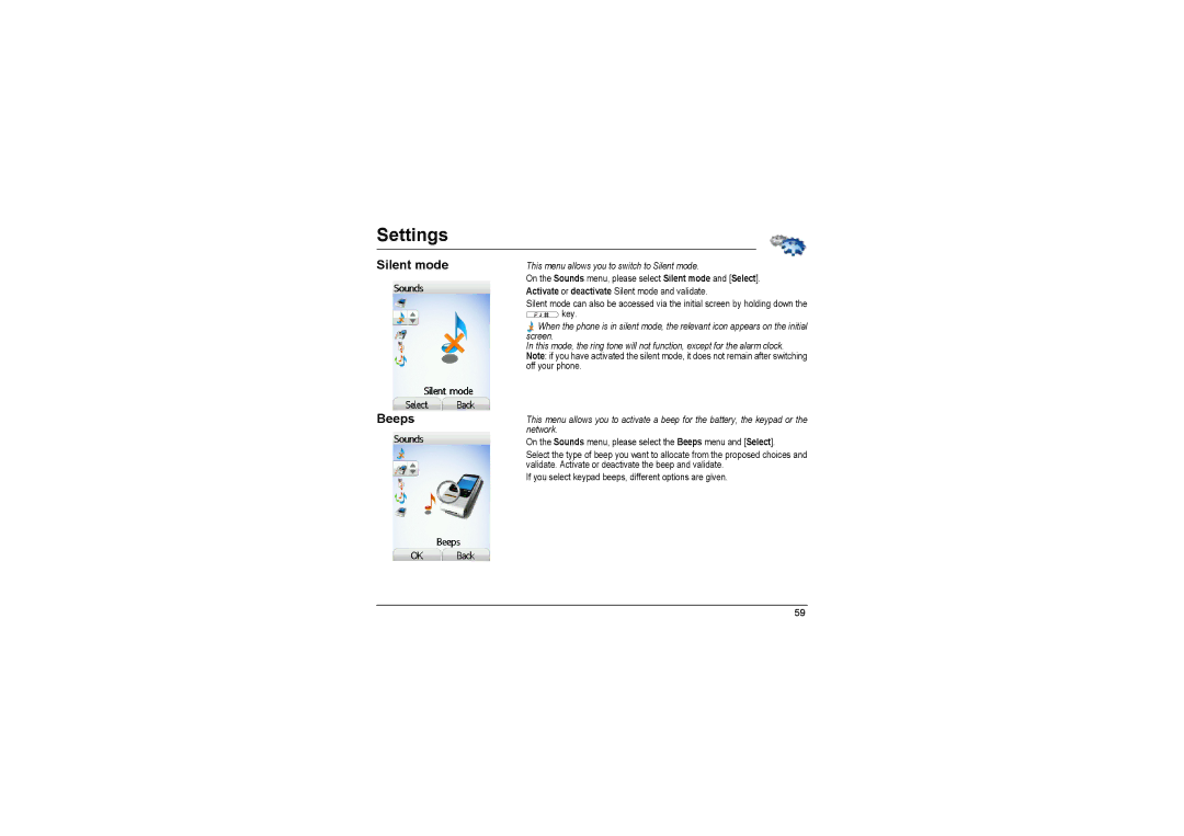 Sagem MyX-8 manual Silent mode Beeps, This menu allows you to switch to Silent mode 