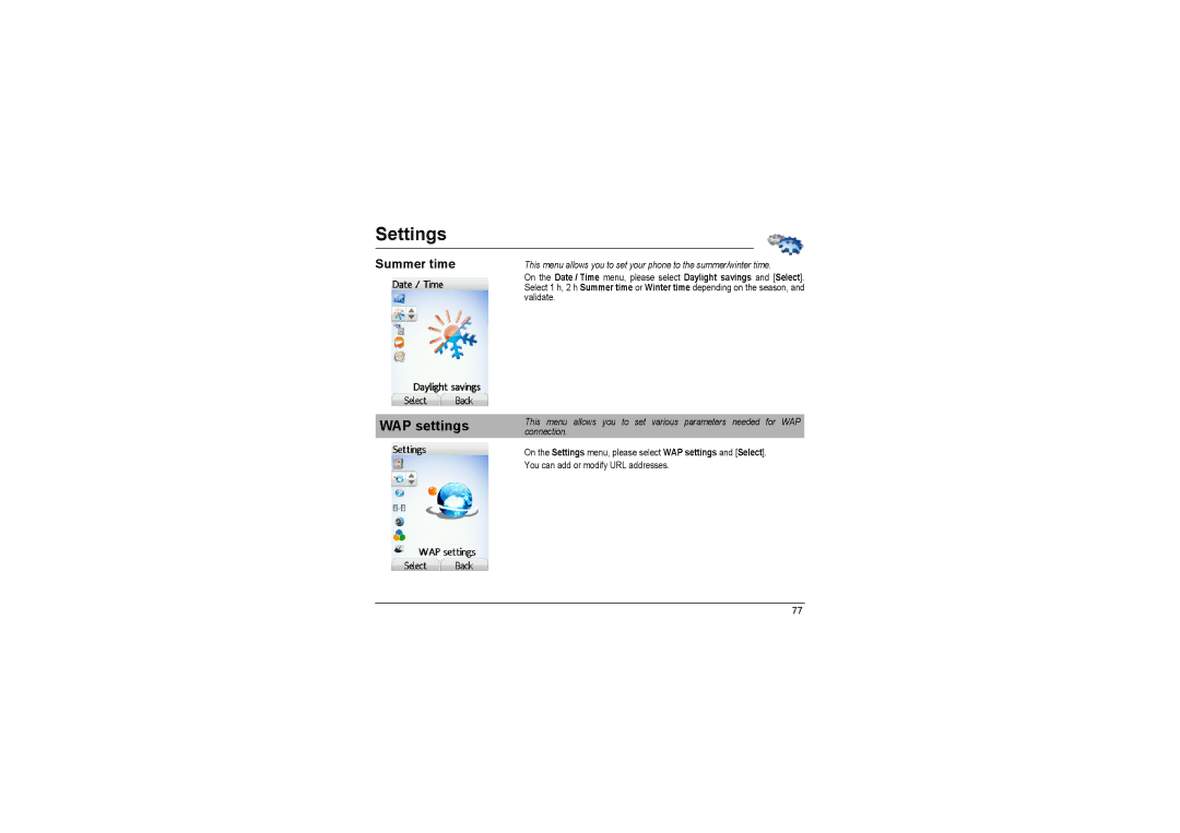 Sagem MyX-8 manual WAP settings, Summer time 