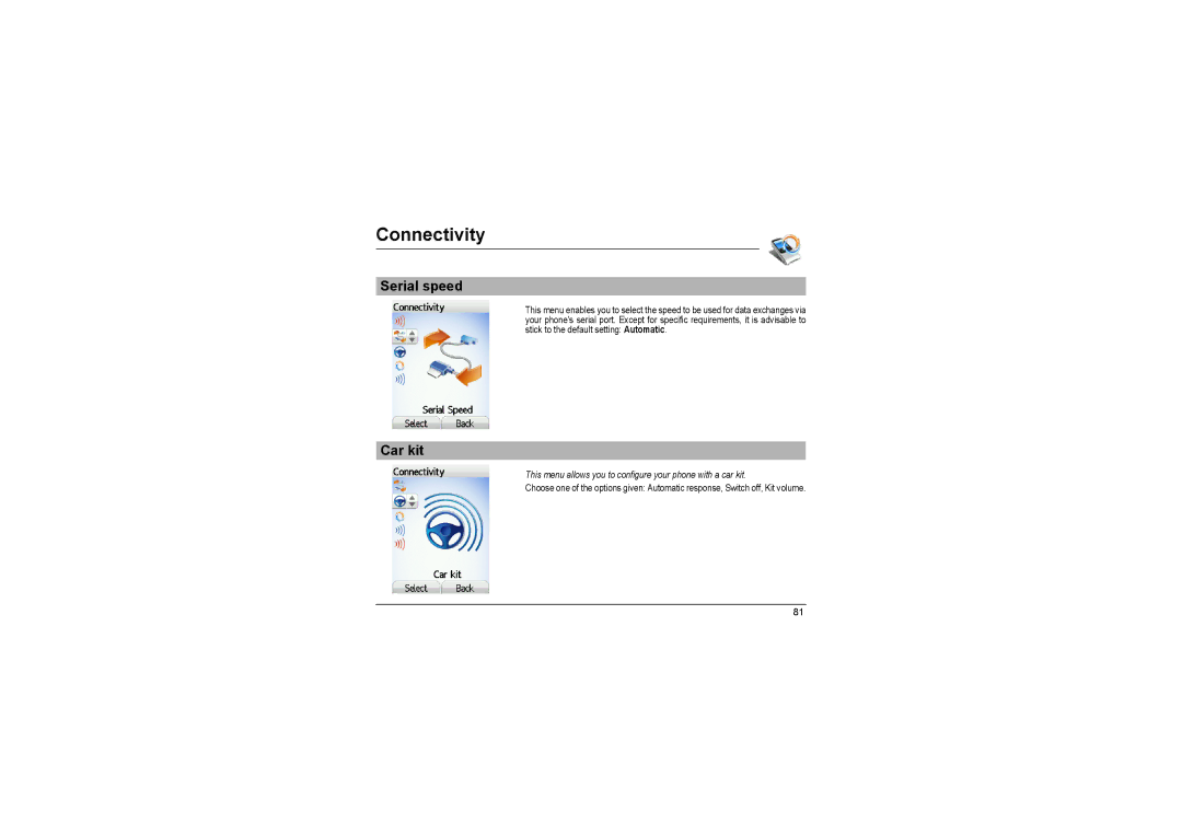 Sagem MyX-8 manual Serial speed, Car kit, This menu allows you to configure your phone with a car kit 